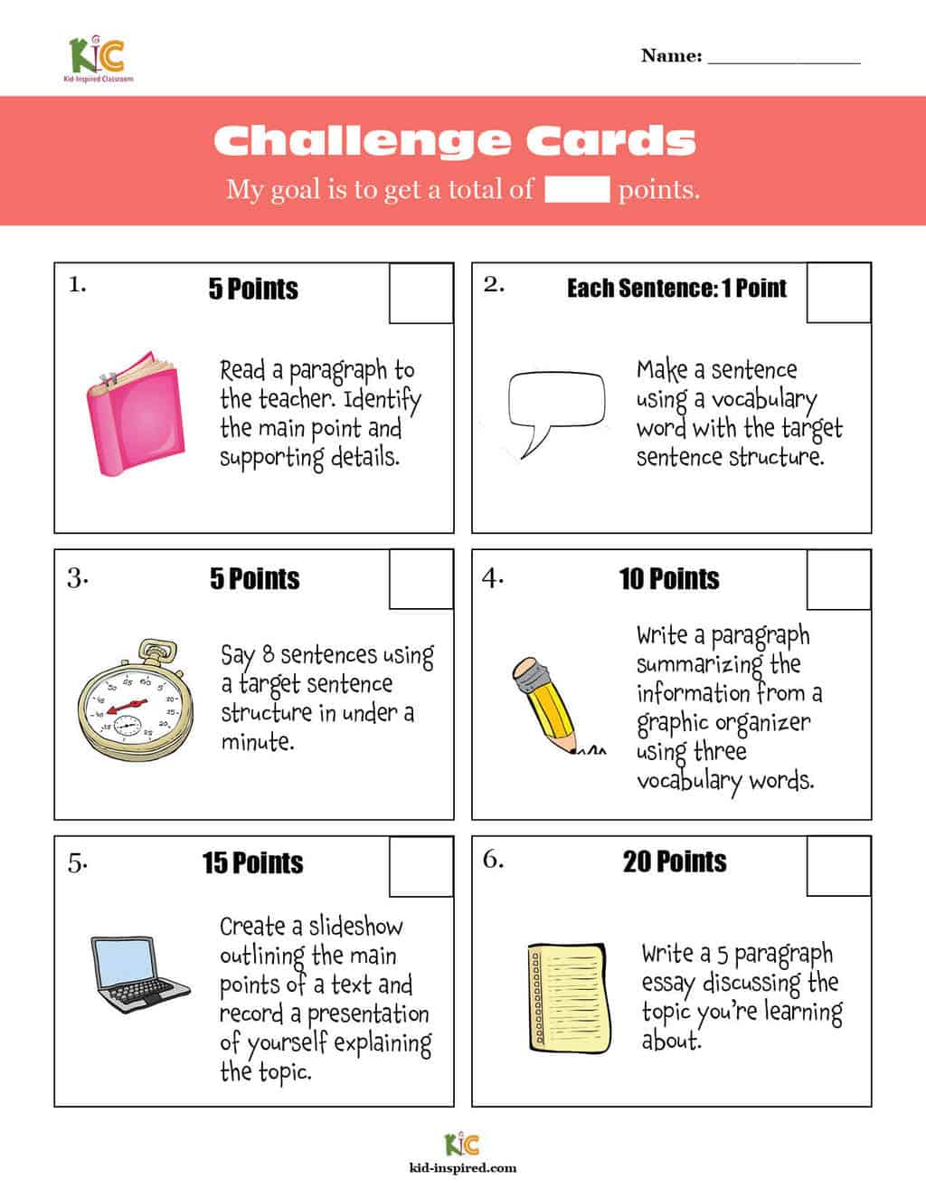 Choice Board Challenge Cards for English Learners