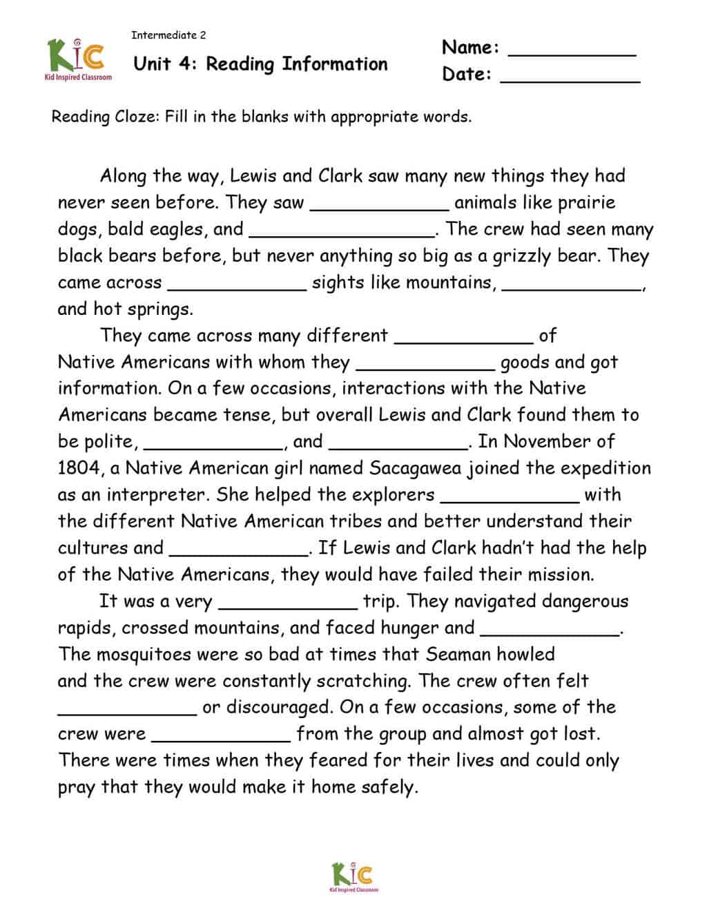 Lewis and Clark Reading Cloze for ESL Reading Comprehension 