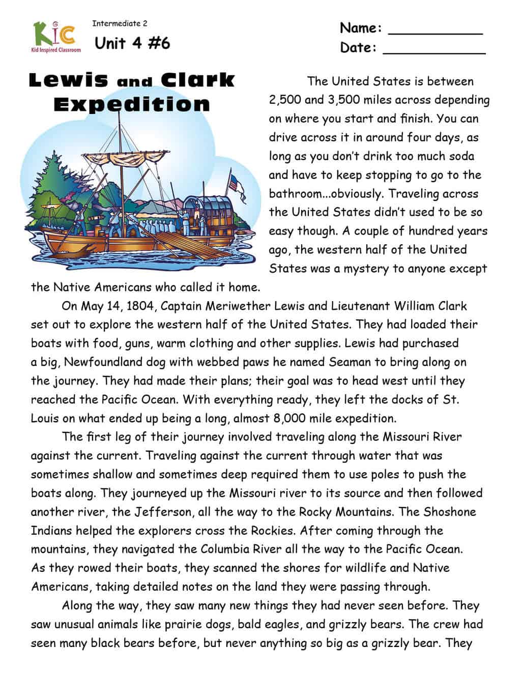 ESL Reading Comprehension on Lewis and Clark Passage from the ESL Curriculum Membership