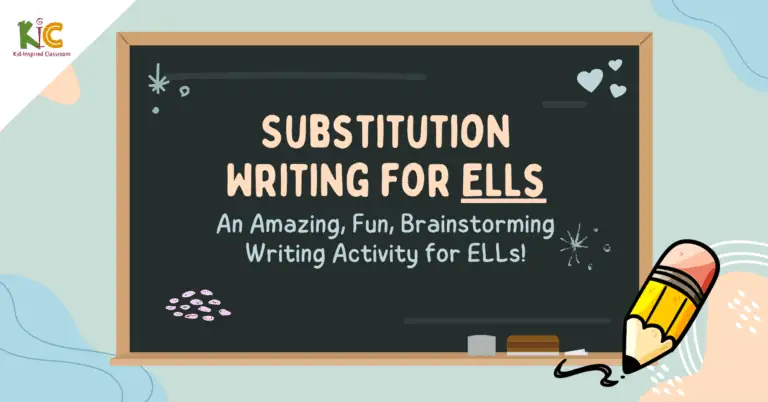 A blackboard featuring a writing activity for ELLs focused on substitution.