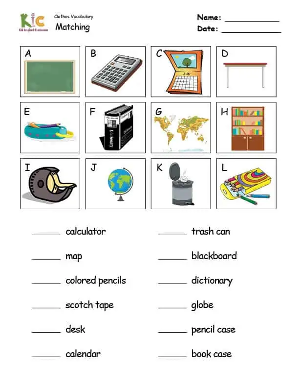 Vocabulary Theme Lesson Matching Worksheet from the ESL Curriculum Membership