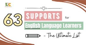 63 Supports for English Language Learners - The Ultimate List, accompanied by a pencil illustration and the KC Inspired Classroom logo.