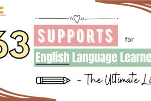 63 Supports for English Language Learners - The Ultimate List, accompanied by a pencil illustration and the KC Inspired Classroom logo.