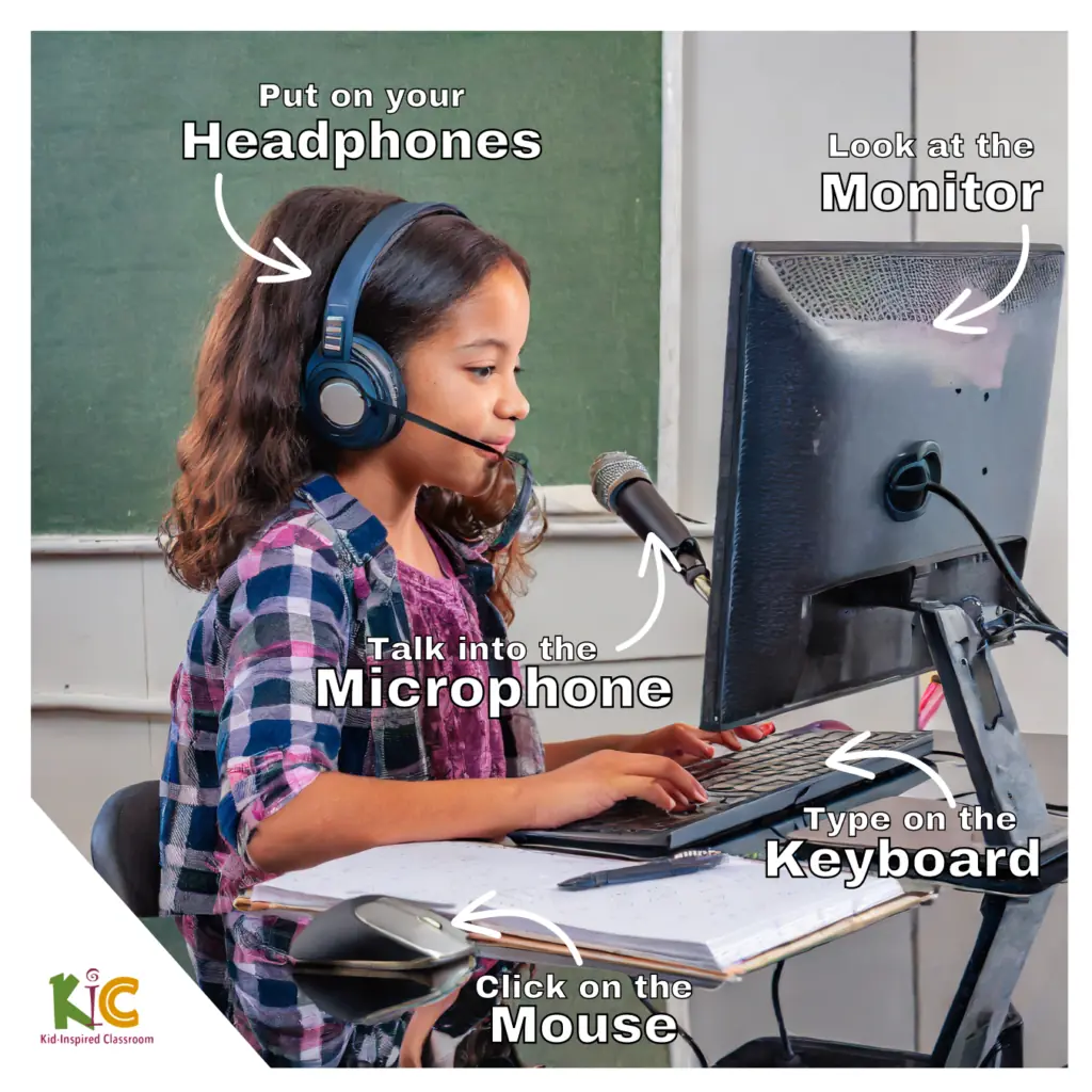 A girl is using a computer with headphones and a microphone.