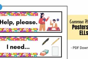 Promotional image displaying two posters for ELLs: one reads "Help, please." with an illustration of a teacher and student, the other reads "I need..." with images of a pen, pencil, notebook, and paper.